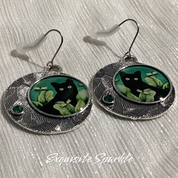 😸Oxidized Silver Alloy Black Cat Circular Hook Drop Earrings - Picture 11 of 15